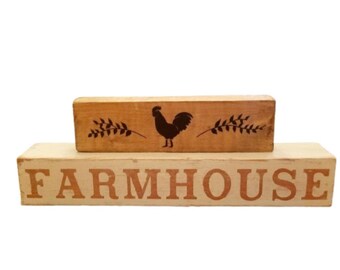 Farmhouse Rooster Wooden Block Shelf Sitter Set