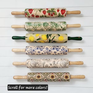 Vintage Style Rolling Pin Solid Wood Floral Fruit Holiday Designs Cottage French Country Farmhouse Decor