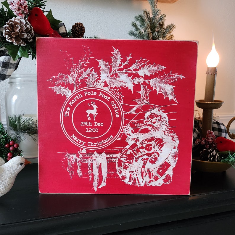 Vintage Santa Hand Painted Wood Christmas Sign North Pole Post Office Etsy