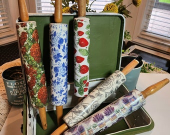 Vintage Style Rolling Pin Solid Wood Floral Fruit Designs Cottage French Country Farmhouse Decor