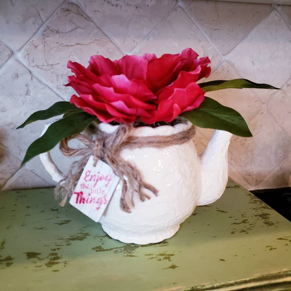Decorative Cottage Teapot Shabby Chic Peony Farmhouse Country Cottage Core