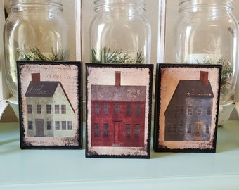 Primitive Saltbox Houses Wood Blocks Set Shelf Sitter Farmhouse Country Primitive