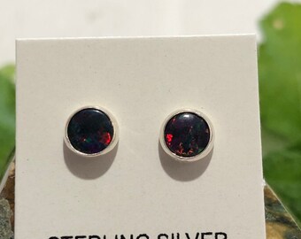 Sterling Silver Opal Post Earrings Red Opal Stud Earrings Fire Red Opal Jewelry Dainty Red Earring 925ForHer 5mm Square Red Opal Studs