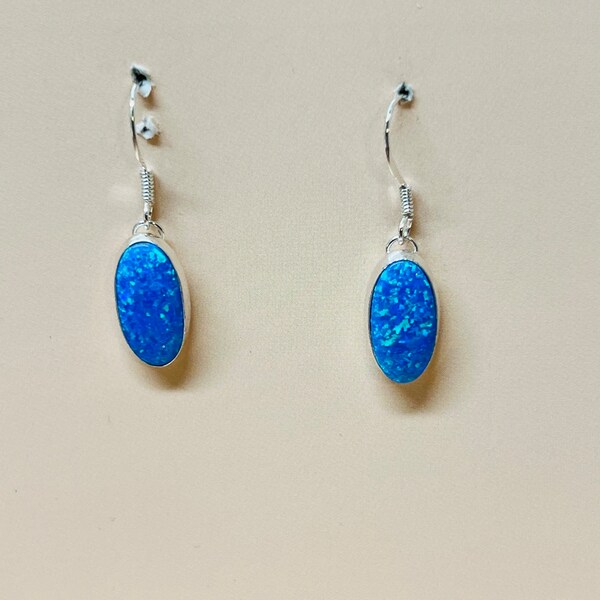 Blue opal earrings/Dark Blue Opal Earring/ Long Oval post Earring/Sterling Silver Earring/SouthwestJewelry/Hand made in USA