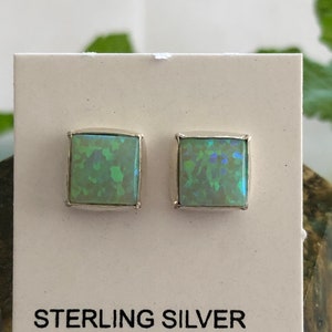 Green earrings/6mm Square Light Green Opal/green /fire Opal/square shape/Sterling Silver Dainty Square Stud /Made in USA