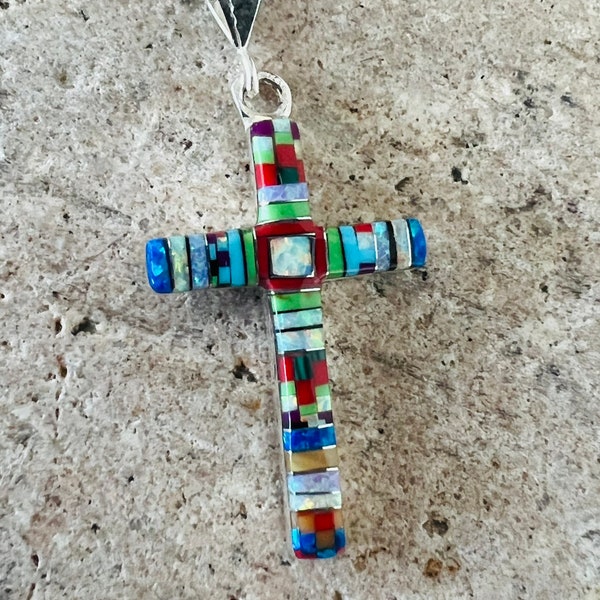Cross/inlay/Multi Color Cross/Cross inlay /Multi color inlay pendant necklaces/Cross pendant necklaces/sterling silver cross necklace