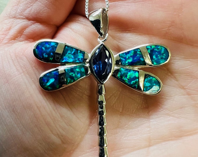Sophisticated Gold Blue Opal Dragonfly Pendant Necklace main image 1