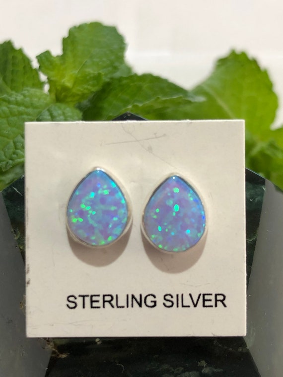 Beautiful 925 Sterling Silver Blue Fire Opal Leaf Shaped Stud Earrings