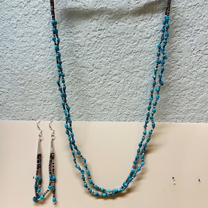 Two strands Heishi beads necklace with earrings to match/Southwestern Turquoise Nugget beaded /Heishi shell beads/Multi strands /