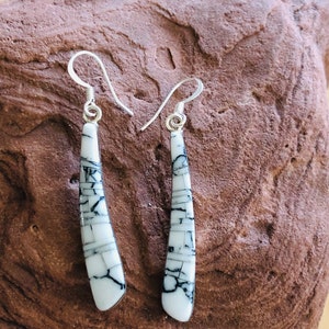 White Buffalo turquoise inlay/ Stick white turquoise silver earrings /Stick white turquoise inlay/Long drop earrings /White turquoise