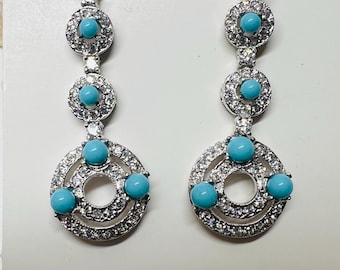 Turquoise earrings/ Southwestern turquoise beads and white CZ earrings/ Sterling Silver turquoise dangle drops earrings