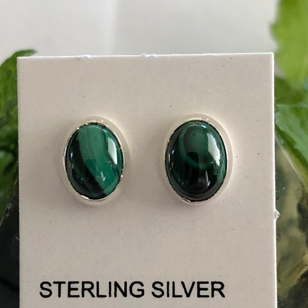 Oval stud earrings/6x8mm Oval Malachite stud earrings/Green stone/Genuine 925 Sterling Silver Stud Post Earrings/Made in USA