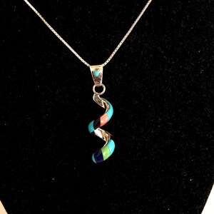 Turquoise /Inlay/pendant/ Multi color inlay pendant/Sterling silver Colorful inlay pendant/ Southwestern Swirl long inlay pendant