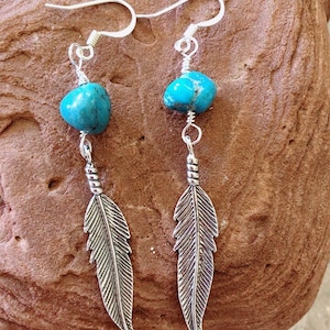 Feather Earring/Single feather kingman Turquoise earring/Sterling Silver feather/Dangling feather earrings/Simple/Handmade  in USA