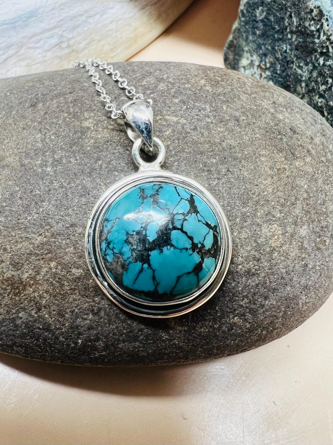 Genuine Kingman Turquoise Pendant With Sterling Silver Chain 18”/silver ...
