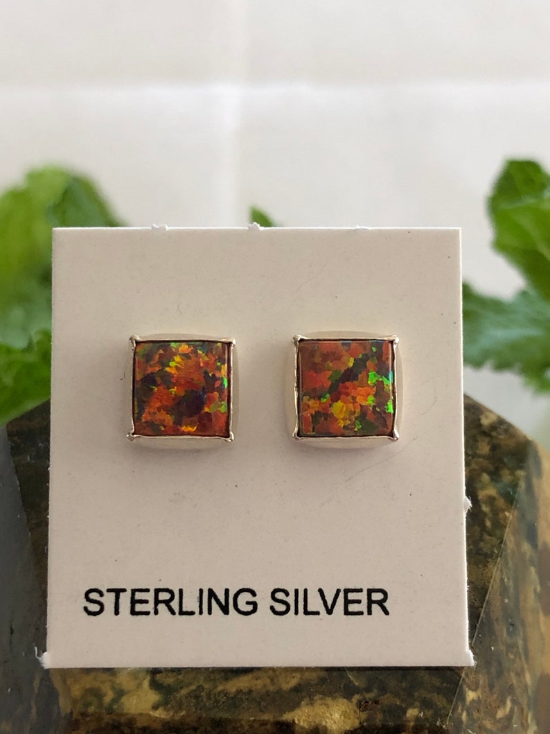 6mm Square Red OpalRed StoneFire Opal Stud EarringsSterling Silver Dainty Square post EarringsMade in USA