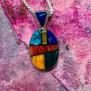 Colorful inlay pendant necklaces/Sterling silver Southwestern multi color pendant necklaces/Multi color pendant/Multi color necklaces /