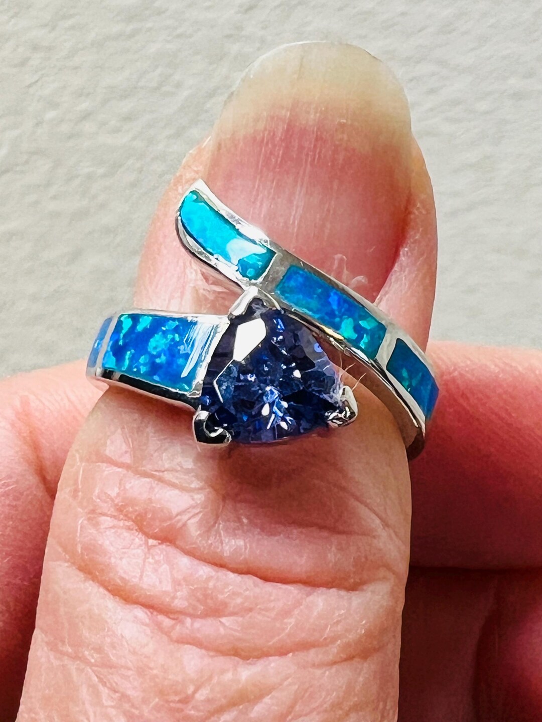 Tanzanite and Blue Fire Opal Inlay Genuine 925 Sterling Silver Size 6.5 ...
