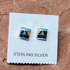 5mm square Multi color/Mixcolor stone/ Genuine 925 Sterling Silver Stud Post Earrings/Made in USA