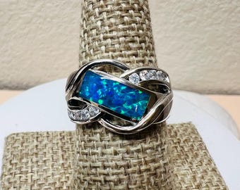 Blue fire Opal Inlay Genuine 925 Sterling silver size 9