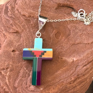 Colorful Cross Pendent/Pendant/Necklace/Sterling Silver Cross Pendent/Southwestern Jewelry/Christmas gift/ Silver for her