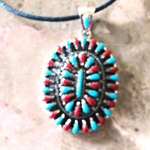 Big Cluster turquoise and Red pendant/ Petit point pendant/Sterling Silver southwestern pendant/