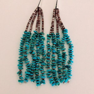 Turquoise earrings/Tassel 5 Strands Turquoise beaded earrings/Sterling Silver long dangle earring/Made in USA