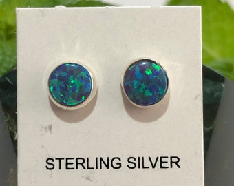 Green opal/ Dark green Opal fire Opal/Genuine 925 Sterling Silver Stud Post Earrings