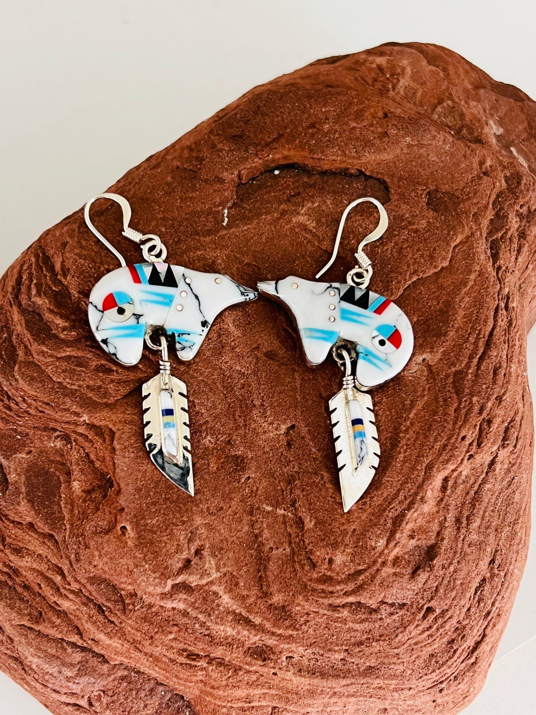 White Bear Earrings/bear White Turquoise With Feather Inlay/bear Inlay ...