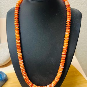 May include: A long necklace made of orange and white coral beads. The beads are round and have a smooth, polished finish.