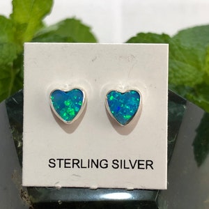 Heart/Heart earrings /Blue Green Heart Opal/Heart Shape /Fire Opal/Blue Stone/Genuine 925 Sterling Silver Stud Post/Made in USA