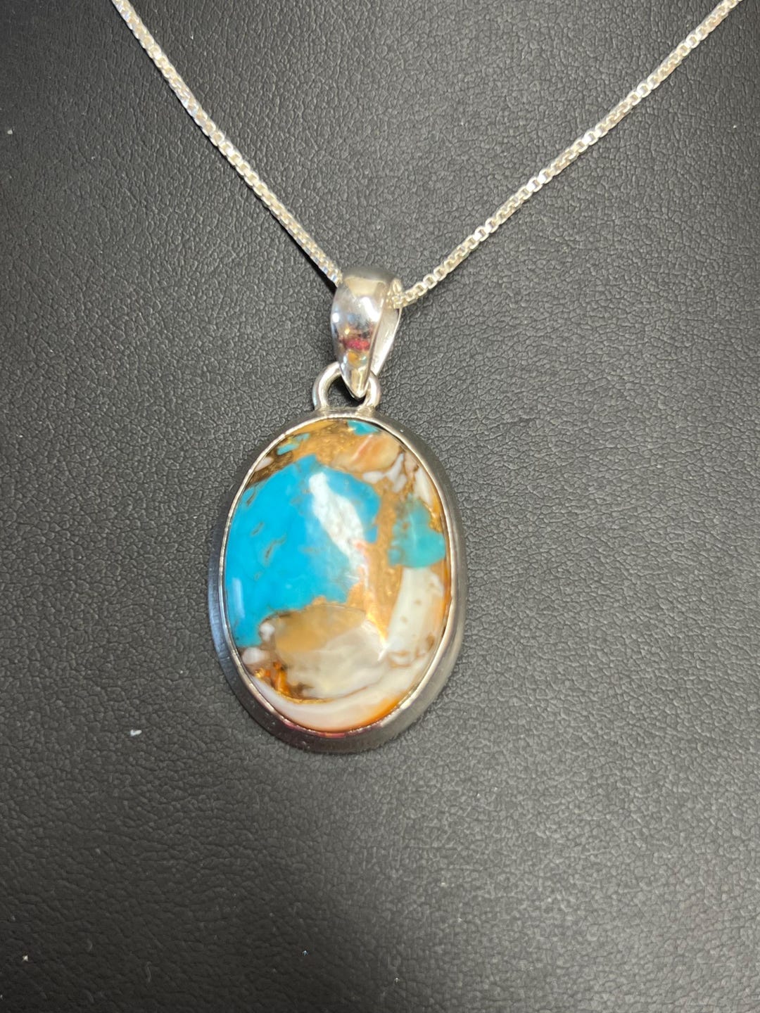 Red Spiny Oyster & Golden Hills Turquoise Sterling Silver Pendant – Stamped Gilbert Nez