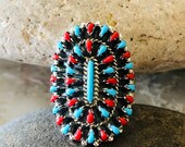 Turquoise ring Ring Blue and Red Clusters Ring Sterling Silver petit Teardrop Jewelry Adjustable Band Free Shipping in USA