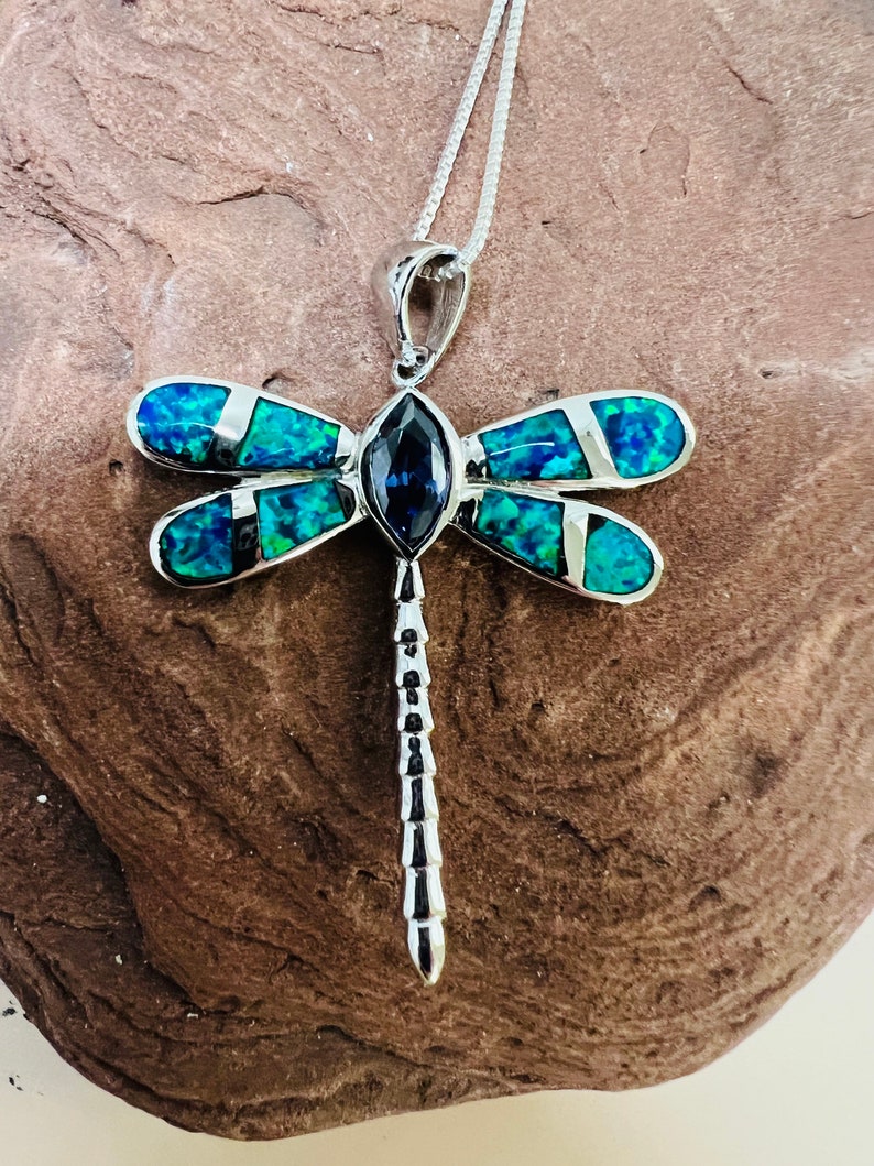 Sophisticated Gold Blue Opal Dragonfly Pendant Necklace