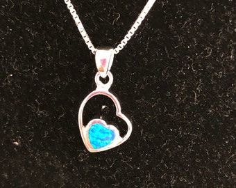 Heart/tiny Heart pendant/Blue opal inlay/Inlay Heart Ipendant/Blue opal pendant necklaces/Blue pendant/Blue necklaces /Blue Heart Opal