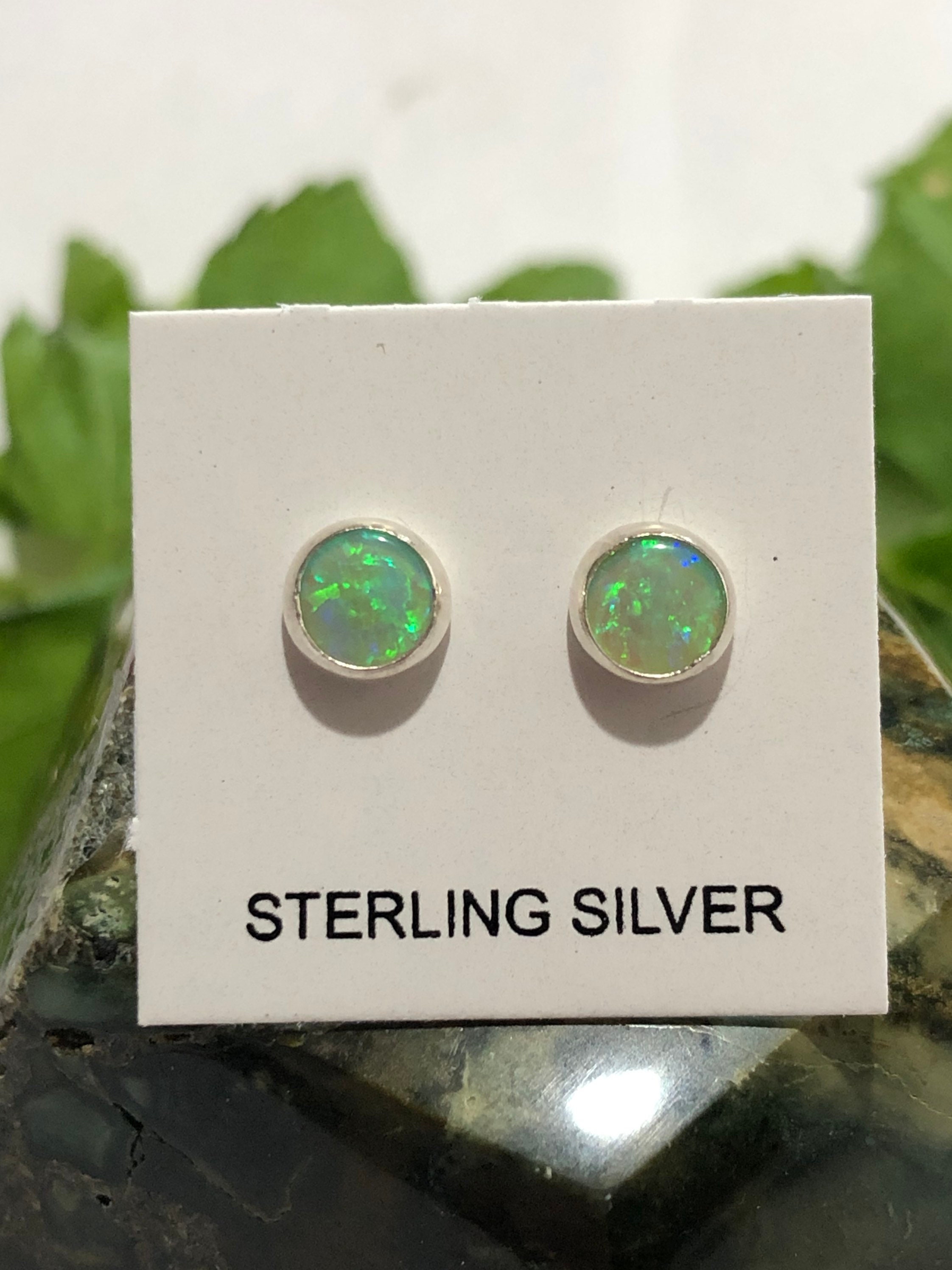 Green Opal/5mm round/Fire Opal/green stone/Genuine 925 Sterling Silver Stud Post Earrings