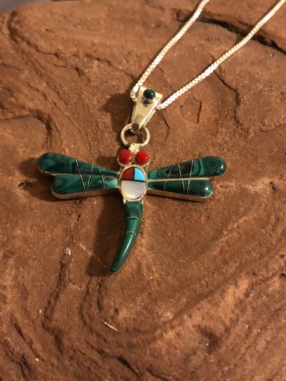 Dragonfly Necklace Green Dragonfly articulated Tail Green Inlay