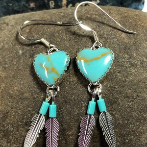 Heart earring/Kingman Turquoise Heart 2 Feathers/Heart 2 Feathers Earring/Valentine Gift/ Drop 2 Feathers Earring/Handmade in USA/