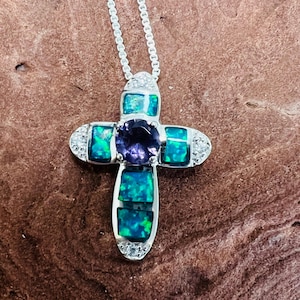 Southwestern large Inlay blue opal Cross Pendant Necklace/Cross inlay/925 Silver Cross pendant/Christmas Jewelry/ Cross /