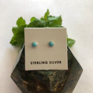 May include: A pair of turquoise stud earrings on a white card with the text "STERLING SILVER". The card is sitting on a green and brown rock.