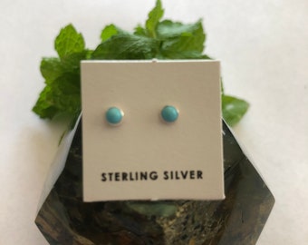 May include: A pair of turquoise stud earrings on a white card with the text "STERLING SILVER". The card is sitting on a green and brown rock.
