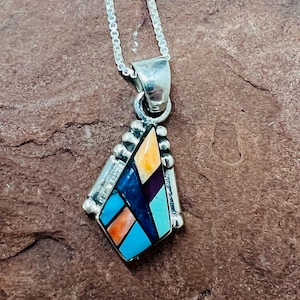 Colorful inlay pendant necklaces/Sterling silver Southwestern multi color pendant necklaces/Multi color pendant/Multi color necklaces /