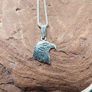May include: A silver pendant necklace featuring a detailed eagle head. The pendant is suspended from a delicate silver chain. The eagle head is intricately carved, showcasing feathers and a sharp beak. The necklace is displayed on a textured, brown surface.