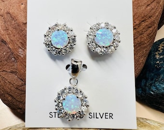 White Opal set earrings and pendant necklace/Sterling silver white Opal earrings and pendant necklaces