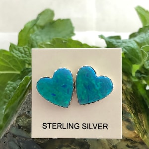 Blue heart earrings/10mm Dark Blue Opal/Fire Opal/stud post earrings/Opal Heart stud/925 sterling silver stud earrings/Made in USA