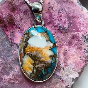 Genuine spiny oyster turquoise pendant/Sterling Silver Spiny oyster turquoise pendant necklaces/Southwestern  pendant