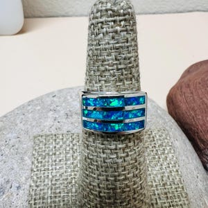 Blue fire Opal Inlay Genuine 925 Sterling silver size 7.5