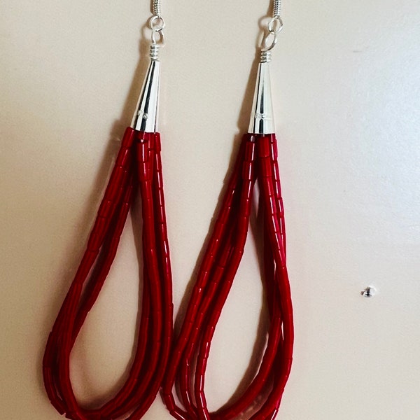 Red coral earrings/Red heishi earrings/Red coral heishi beaded earrings/Sterling Silver red coral earrings/Made in USA