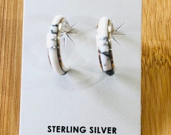 White turquoise Hoop earrings/Hoop turquoise earrings/Inlay earrings/White Buffalo turquoise earrings/Sterling silver inlay jewelry/gift/