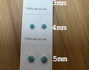 May include: Three sets of turquoise gemstone earrings in sterling silver. The earrings are displayed on a white card with the sizes 3mm, 4mm, and 5mm printed next to each set.